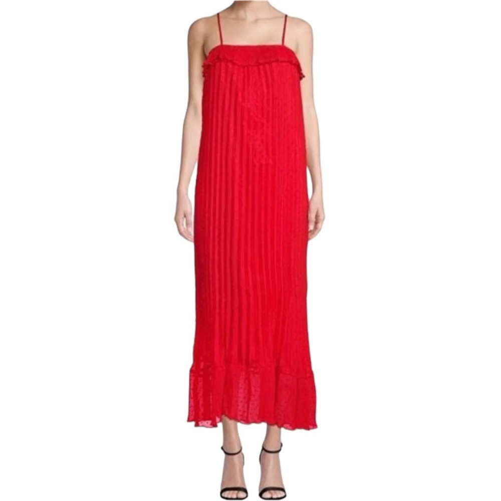 Free Generation Women's Small Red Maxi Dress Woven Pleated Swiss Dots Spaghetti